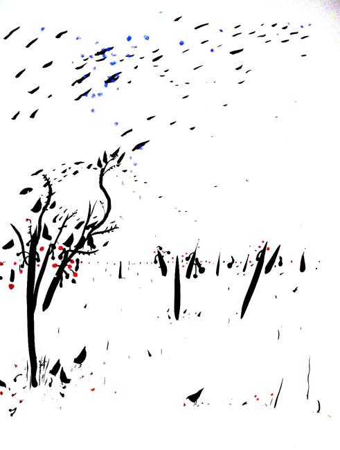 trees, berries, and birds