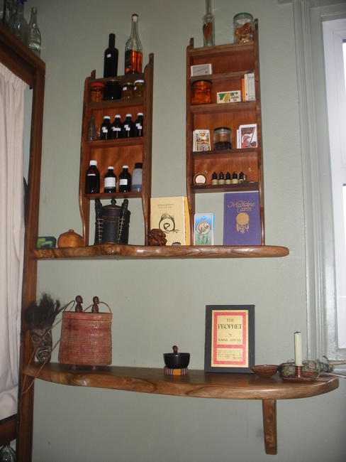 elm shelves and potion bottles