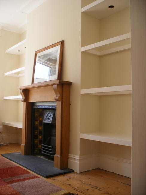 painted floating alcove shelving