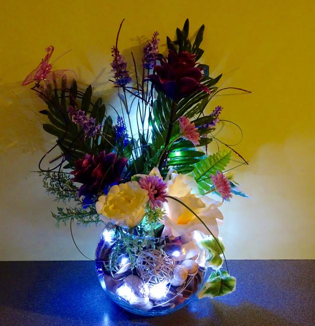 Bowl - purple & cream flowers (white lights)