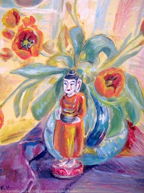 Burmese Statue with Tulips