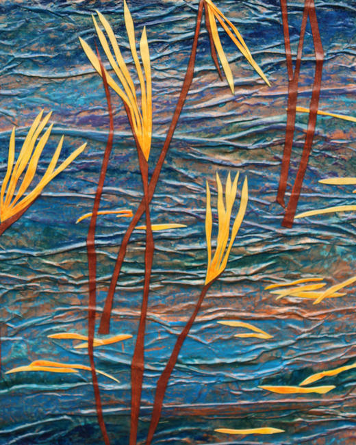 Copper Lake - detail 2 mixed media acrylic painting and oil pastel with collage itemprop=