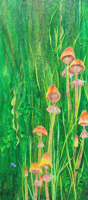 Meadow with Mushrooms mixed media painting 33x76cm