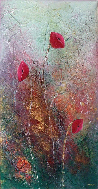 Forest Poppies Acrylic and mixed media on canvas (stretched canvas on a circular frame) 20x40cm