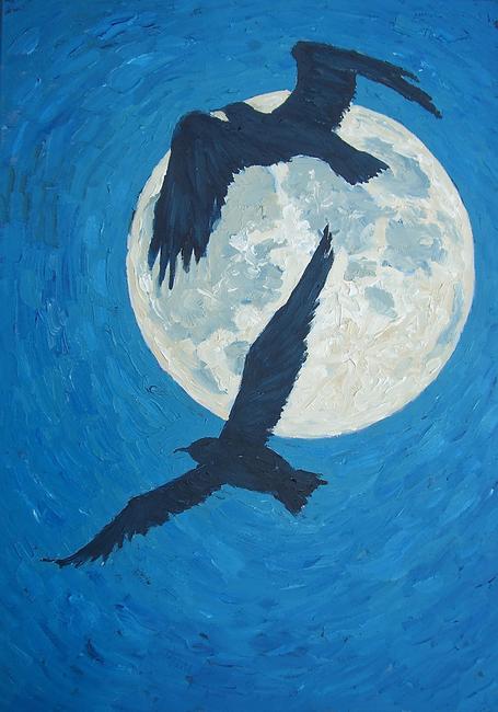 2 gulls against the full moon