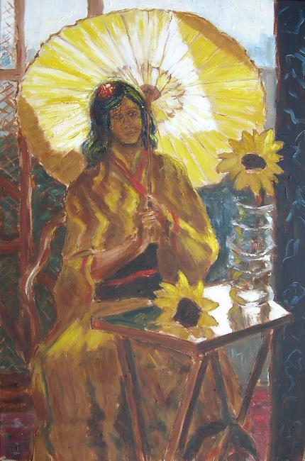 girl in kimono with 2 sunflowers