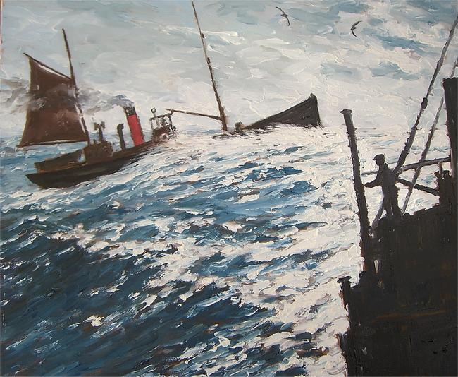 steam drifter in heavy sea from another boat