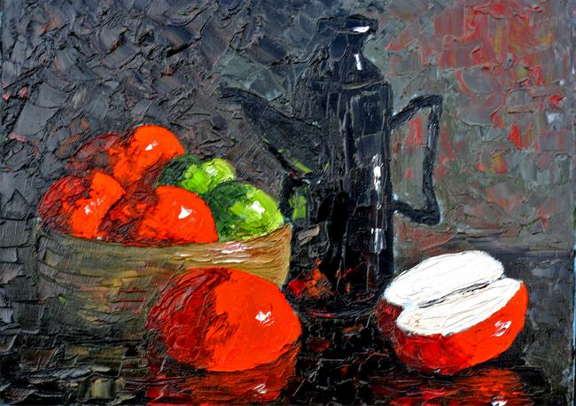 still life with apples and black jug