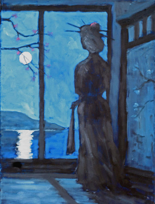 geisha holding fan in moonlight