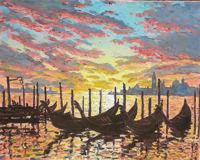 sunset, gondolas at st marks square, venice