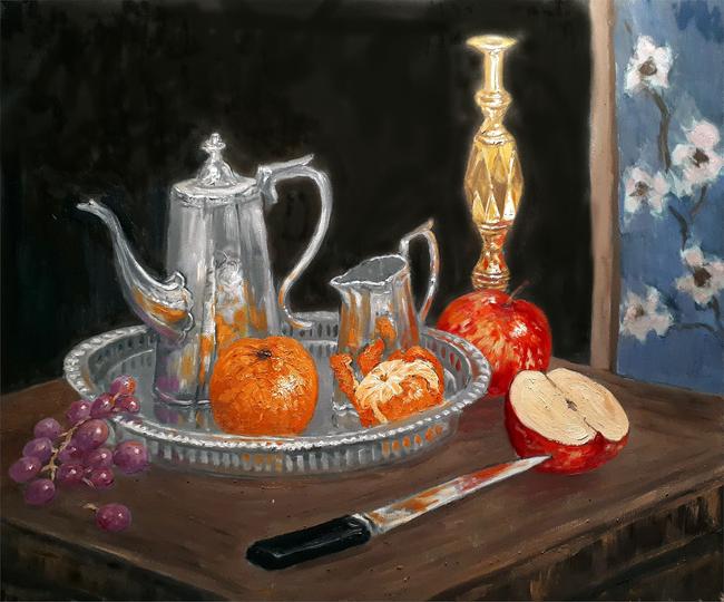still life with silver and brass