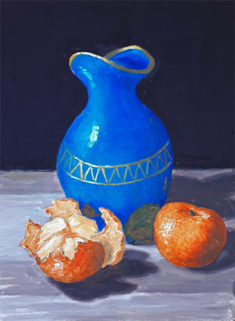 still life VII : two oranges with blue napolean vase