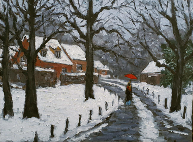 snow scene with red umbrealla VII