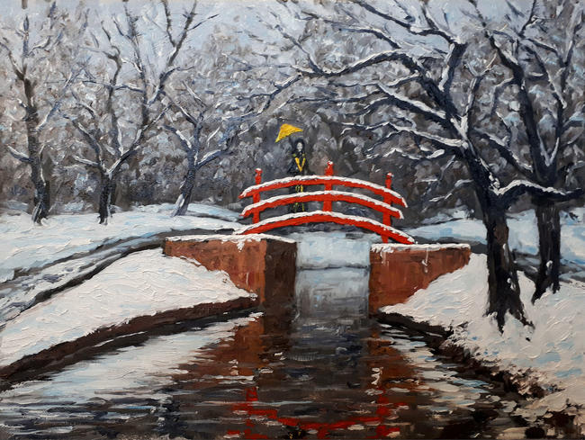 snow scene with japanese bridge