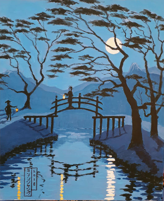 moonlit scene with japanese bridge