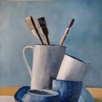 Blue and white jugs with brushes