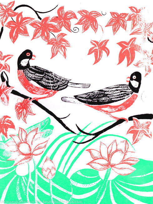 Oriental birds with lillies