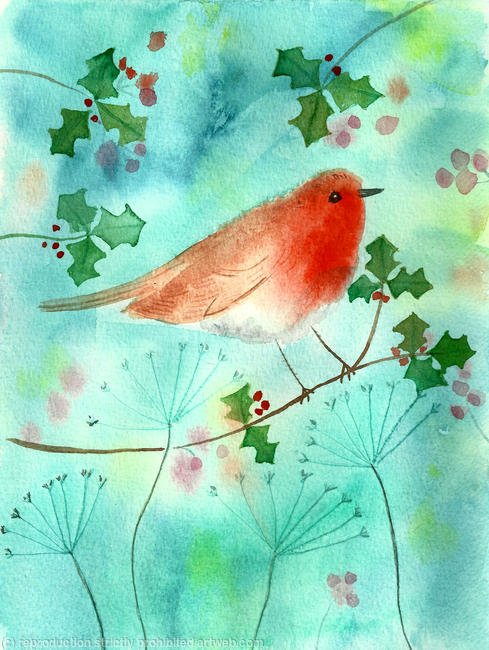 Robin with holly