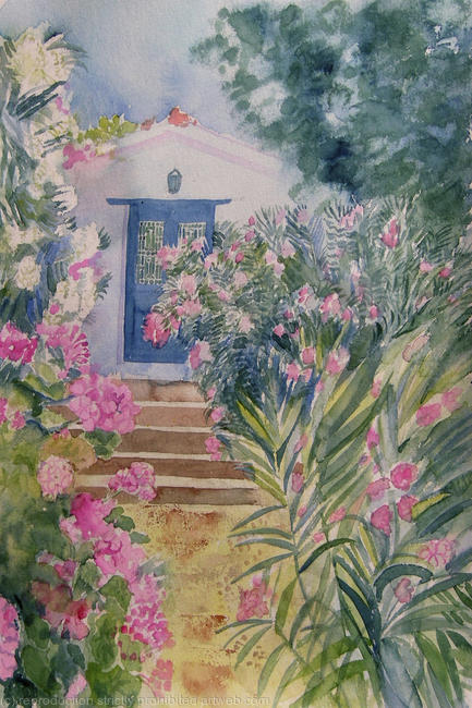 Door with Oleander and Geraniums