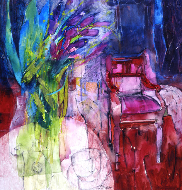 Green Glass Vase & Pink Chair