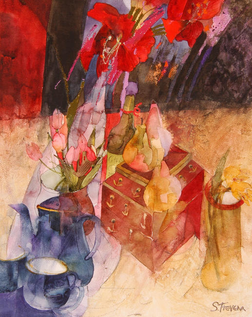 Red Flowers, Red Box by Shirley Trevena, Watercolour & Graphite Pencil, 2005, 48 x 38 cm