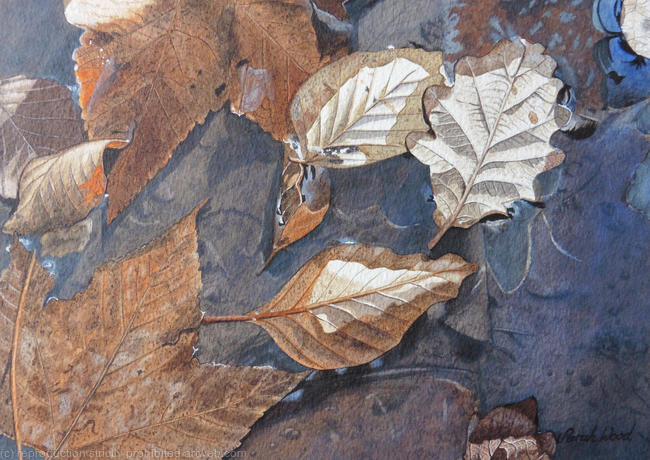 Floating leaves on a muddy puddle. Original watercolour and gouache Art Work