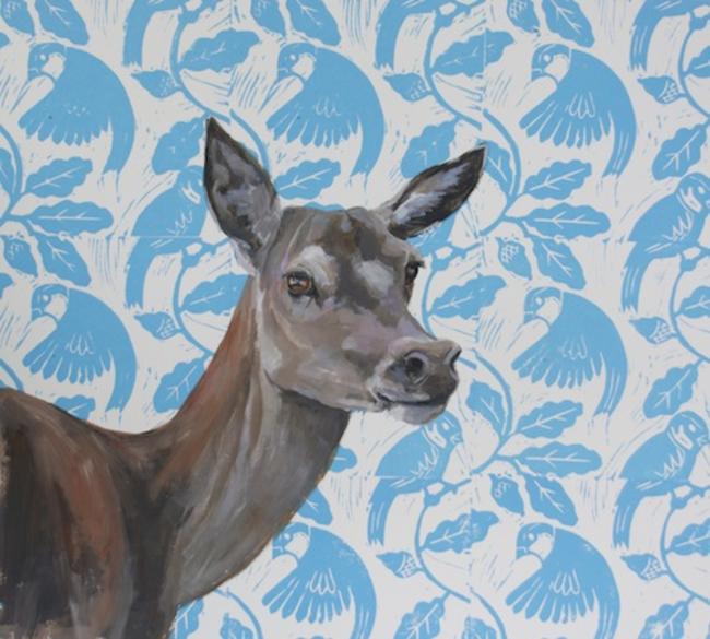 Red deer hind on sparrows and oakleaf