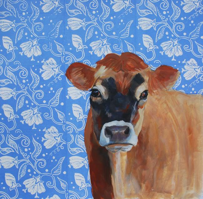 Cow on blue block print