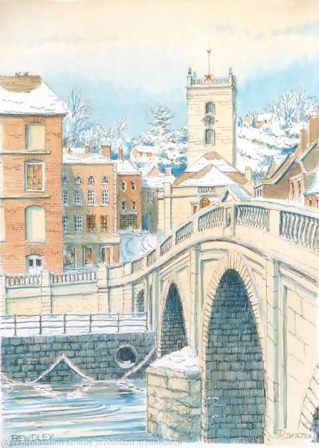 Bewdley Bridge and Church in the snow greetin/Christmas card