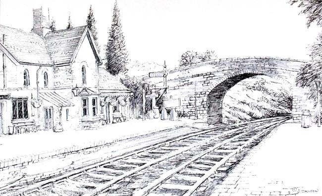 Arley Station S.V.R. black & White Drawing on greeting card