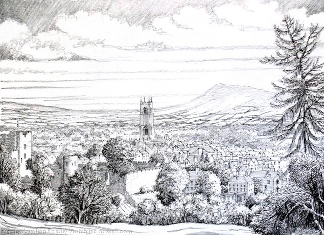 Ludlow and Clee Hill from Whitcliffe black and white greeting card