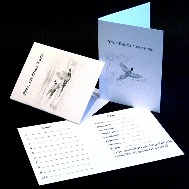 Example of traditional size shoot cards which may be personalised with your shoot name, information, guns, and bag