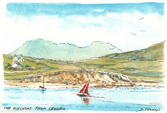 The Moelwyns from Criccieth North wales original on watercolour paper mounted on greeting card