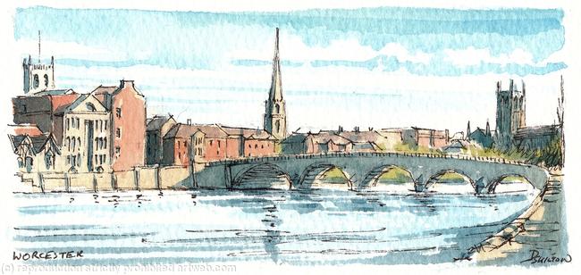Worcester,Miniature original of Worcester, bridge over the river Severn and cathedral