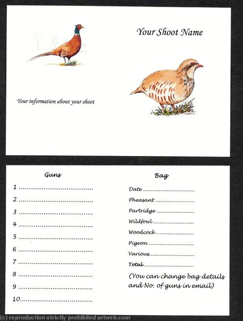 Buy now pack of 50 shoot cards with your information standing partridge coloured