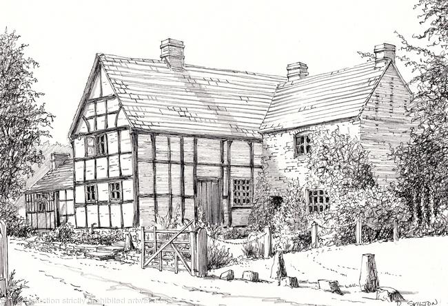 Example of a farm house drawing used as a shoot card cover please see www.skiltonsbespokeshootstationery.com for the full range of shoot card and game card ideas.