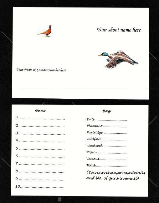 buy now pack of 50 shoot cards with your information with flying duck ( coloured)
