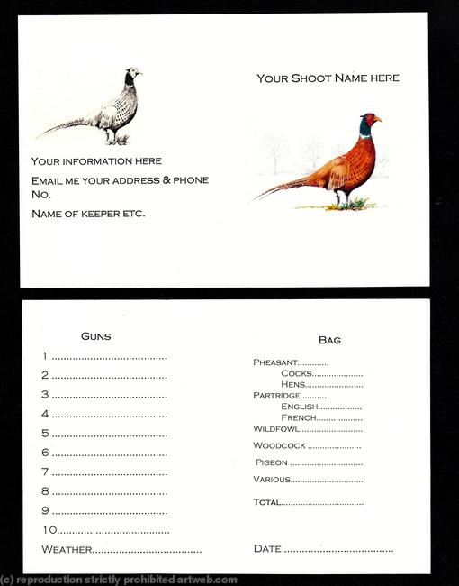 Buy now pack of 20 shoot cards standing coloured pheasant with Gothic script, split pheasants and partridge and weather