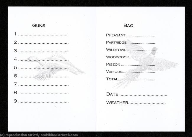 Shoot card inside, 9 guns light duck and pheasant watermarks, date and weather