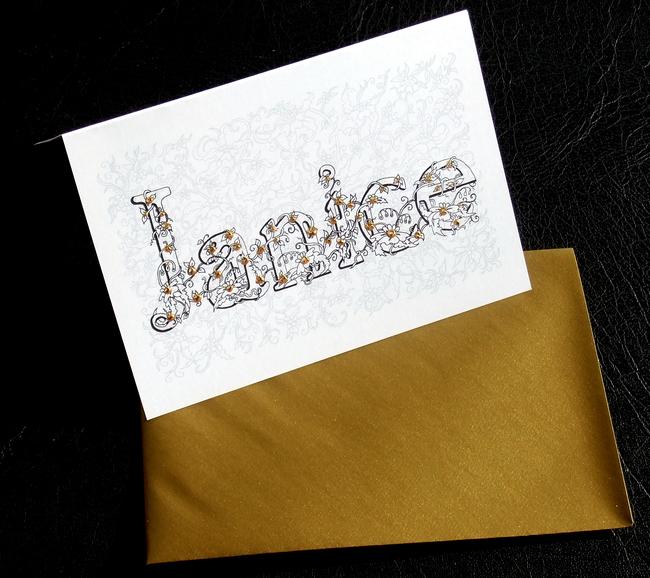 Janice Flower name design greeting card with hand painted gold