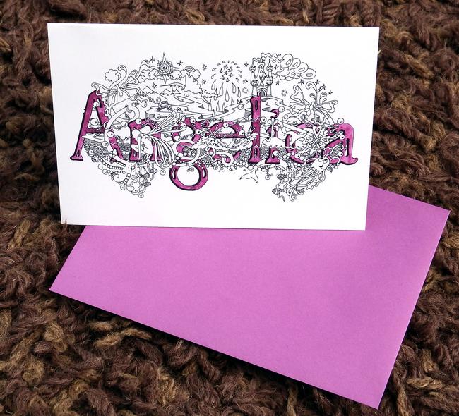 Angelica name card unique design with purple envelope