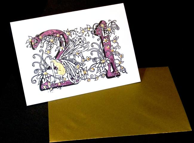 21 fairy number with hand painted acrylic gold greeting card