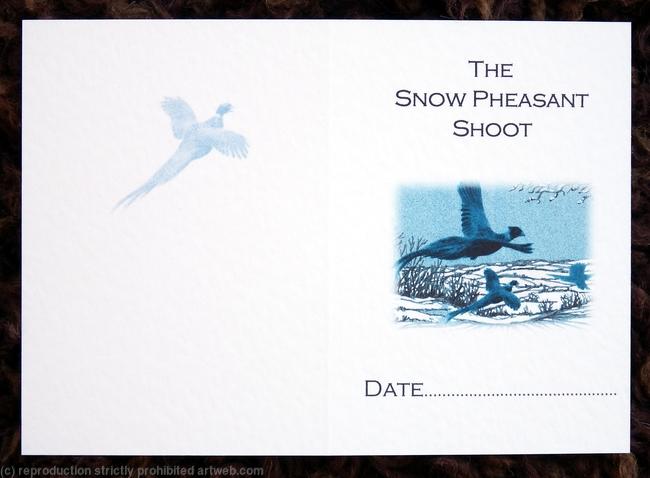 Pheasants over snow fields, shoot card