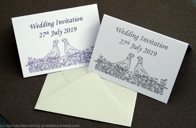 Wedding invitation with pheasants and matching silver envelope