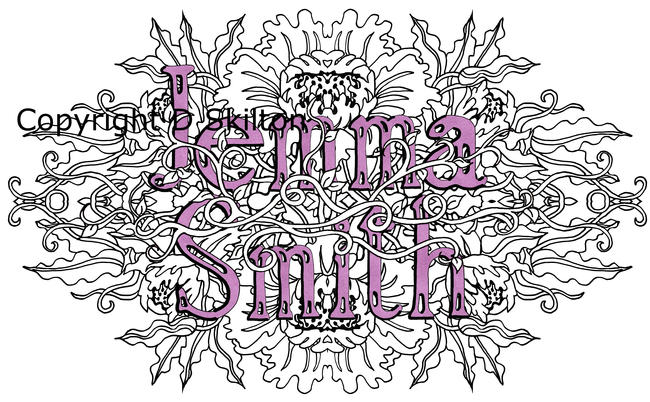Example of a Peony design with female name and family name as a jpeg for you to copy and print as you wish