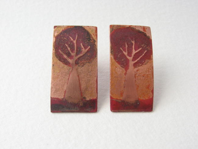 rectangle copper tree earrings
