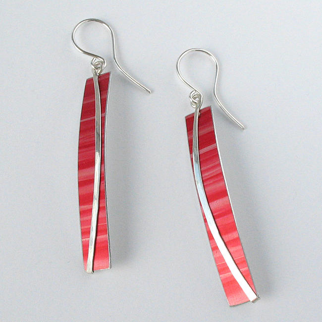 LN6 Long rectangle drop earrings with silver curve in red