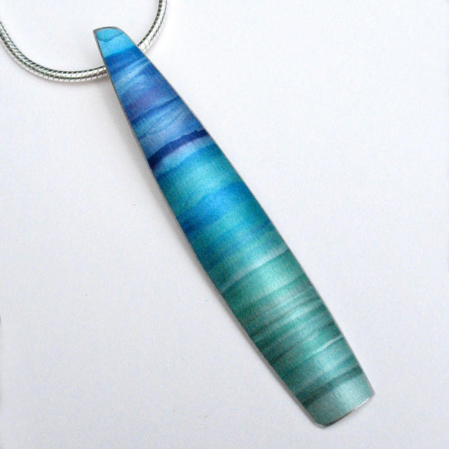 ST8 Thin tapered aluminium pendant in greens/turquoise blues