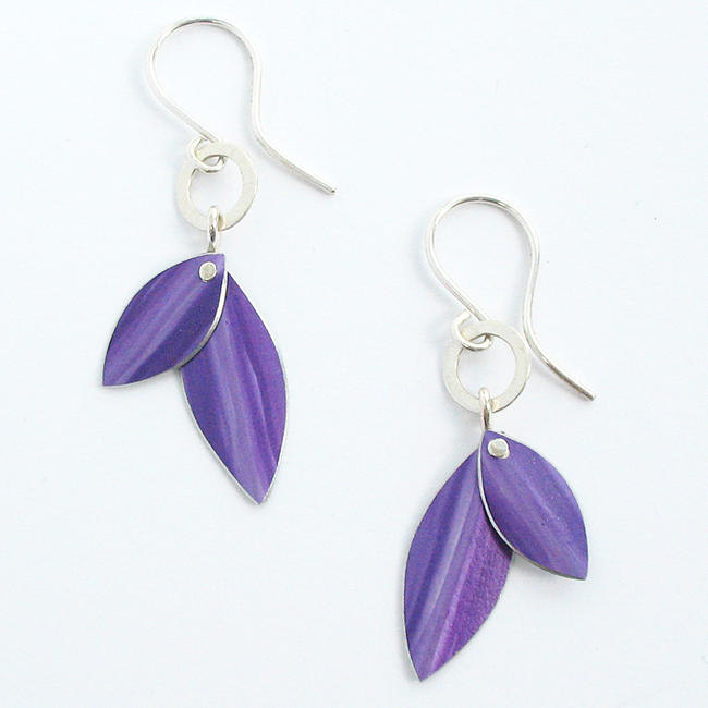FL14 Riveted leaves on silver hoop drop earrings in purple
