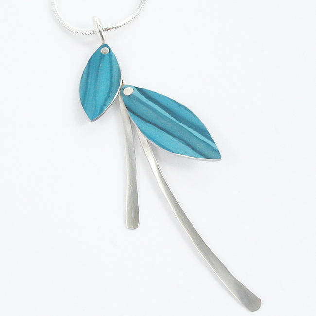 FL16 Riveted leaves on silver stems pendant in petrol blue